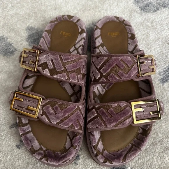 Fendi Mauve and Taupe Sandals with Gold Buckles - Picture 1 of 4